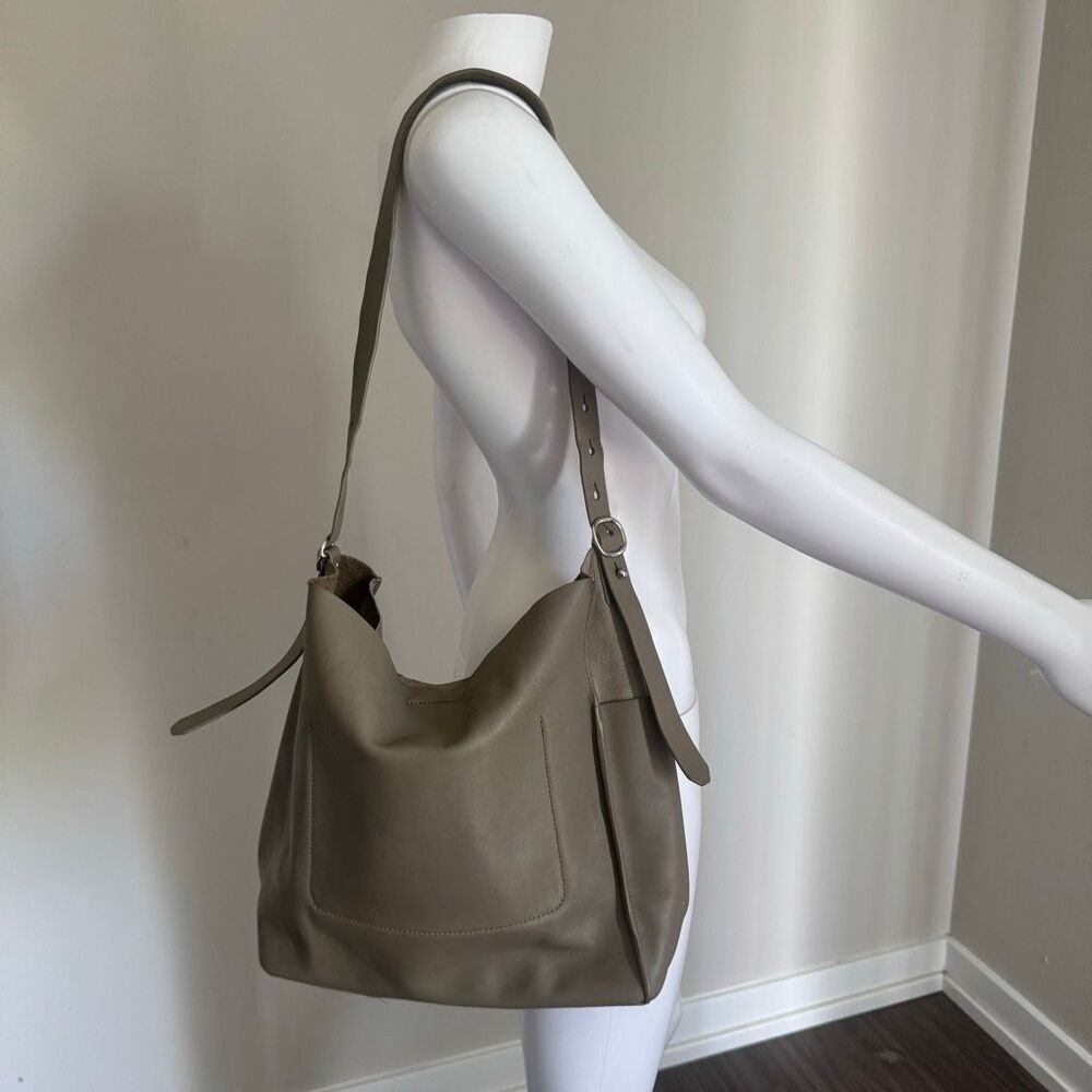 AllSaints Kita Hobo Leather Crossbody Shoulder Bag - Taupe/Mushroom Grey